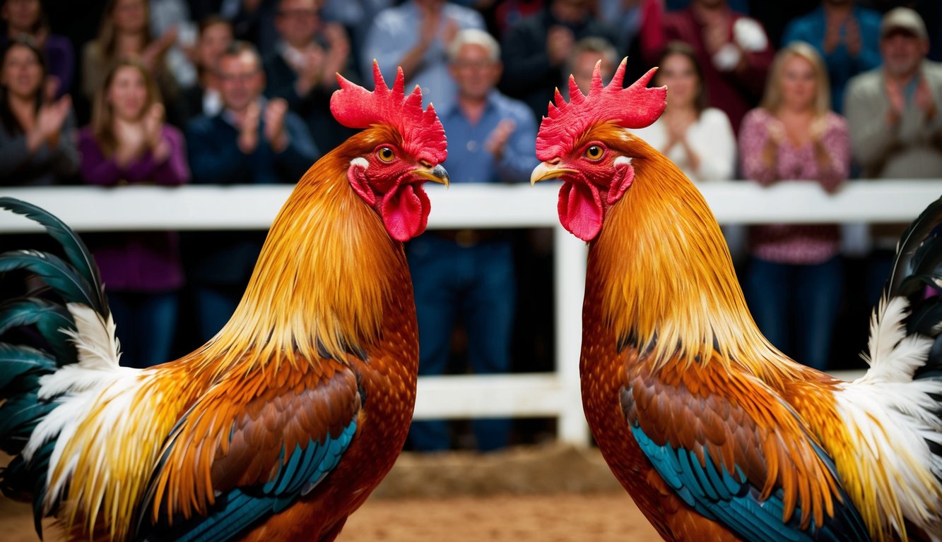 Dua ayam jantan berhadapan di arena yang ramai, dikelilingi oleh penonton yang bersorak