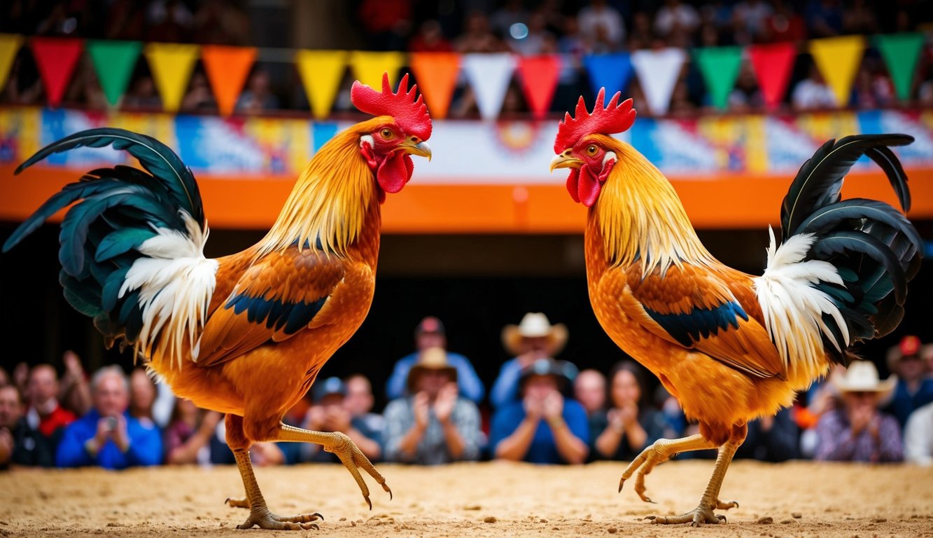 Dua ayam jantan berhadapan di arena yang ramai, dikelilingi oleh penonton yang bersorak dan spanduk berwarna-warni