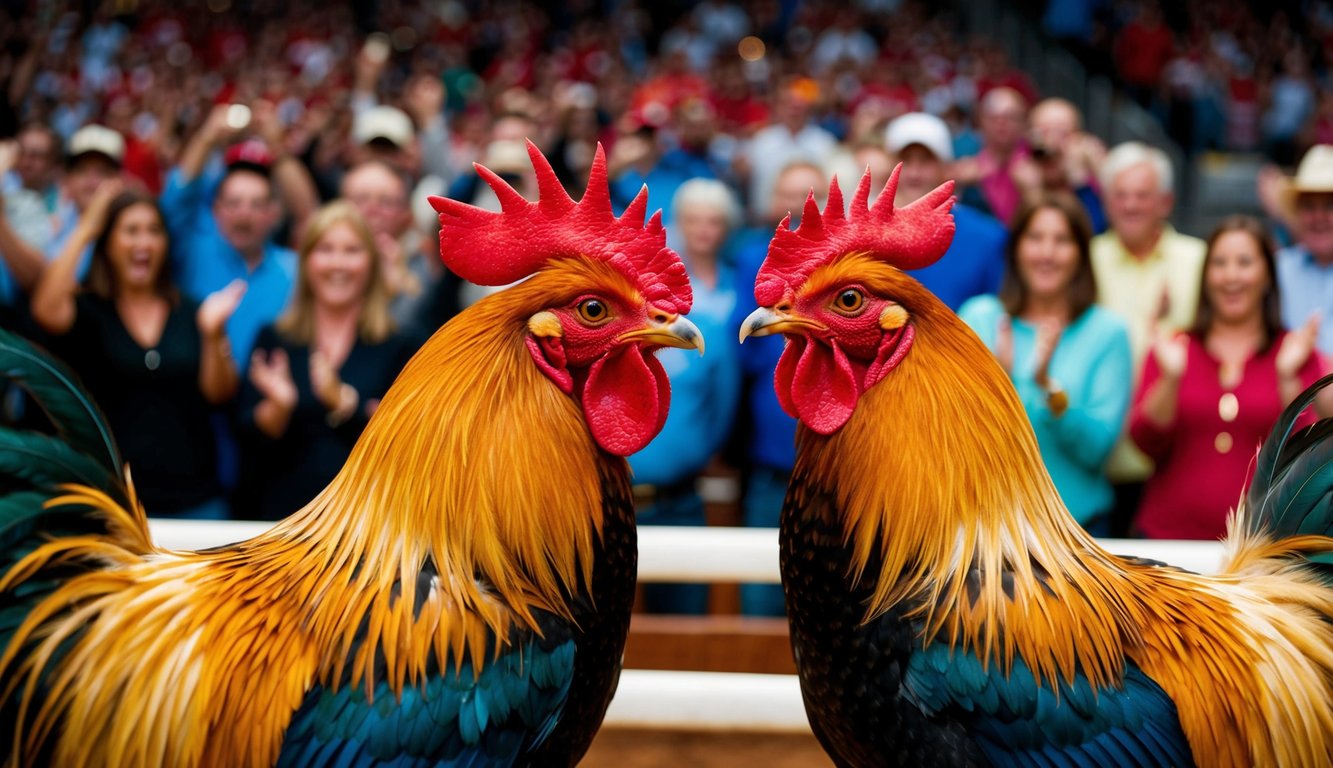 Dua ayam jantan berhadapan di arena yang ramai, dikelilingi oleh penonton yang bersorak