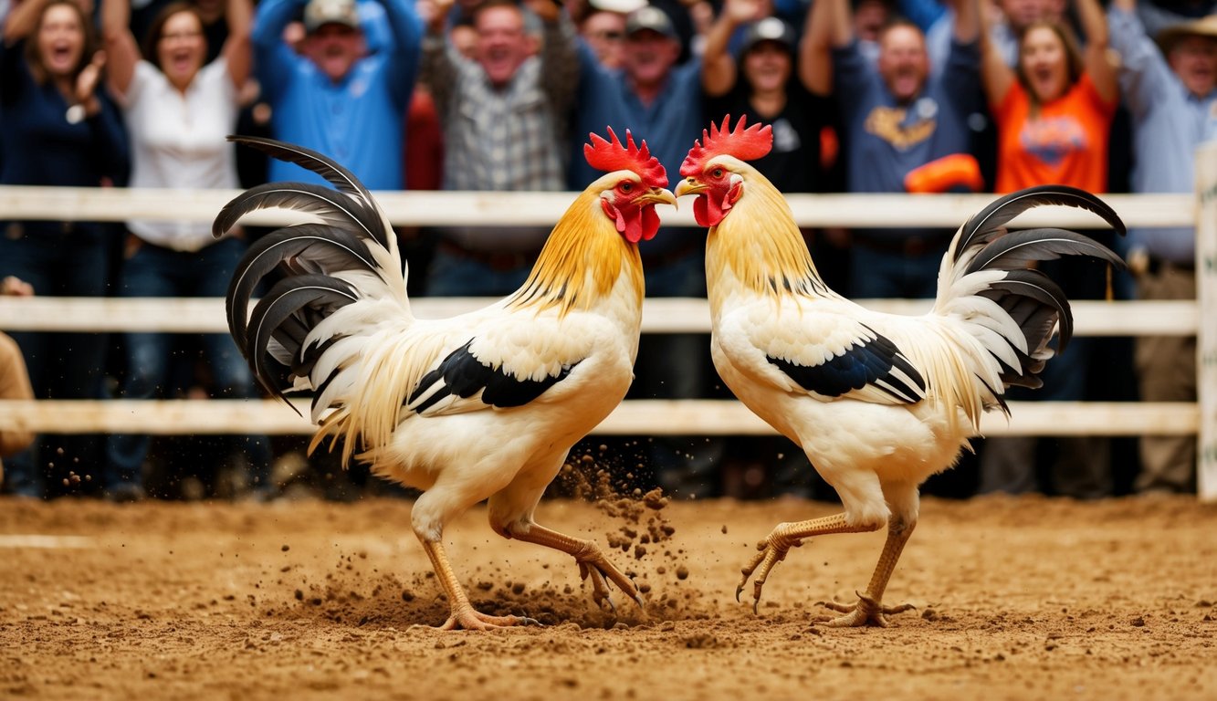 Dua ayam jantan bertarung dengan sengit di sebuah lubang tanah yang dikelilingi oleh penonton yang bersorak.