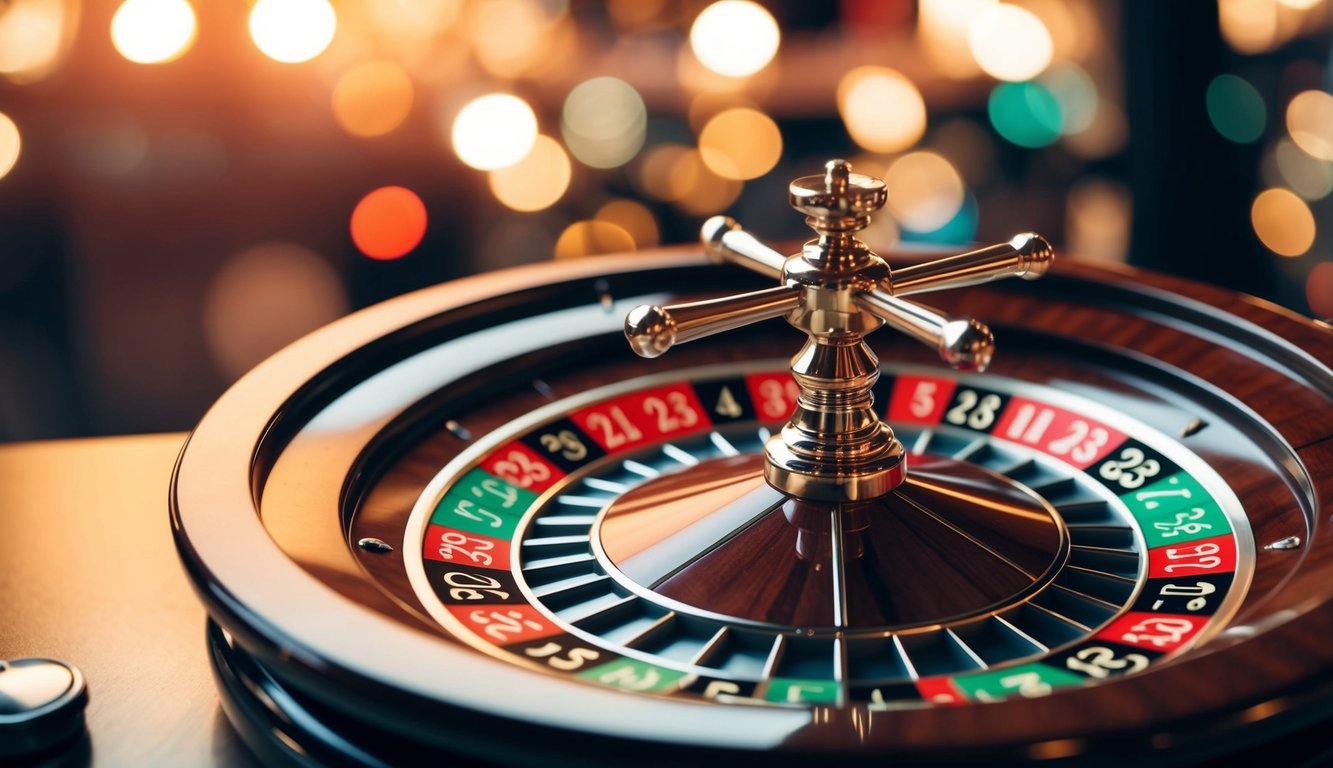 Roda roulette yang berputar dengan slot berwarna dan sebuah bola kecil