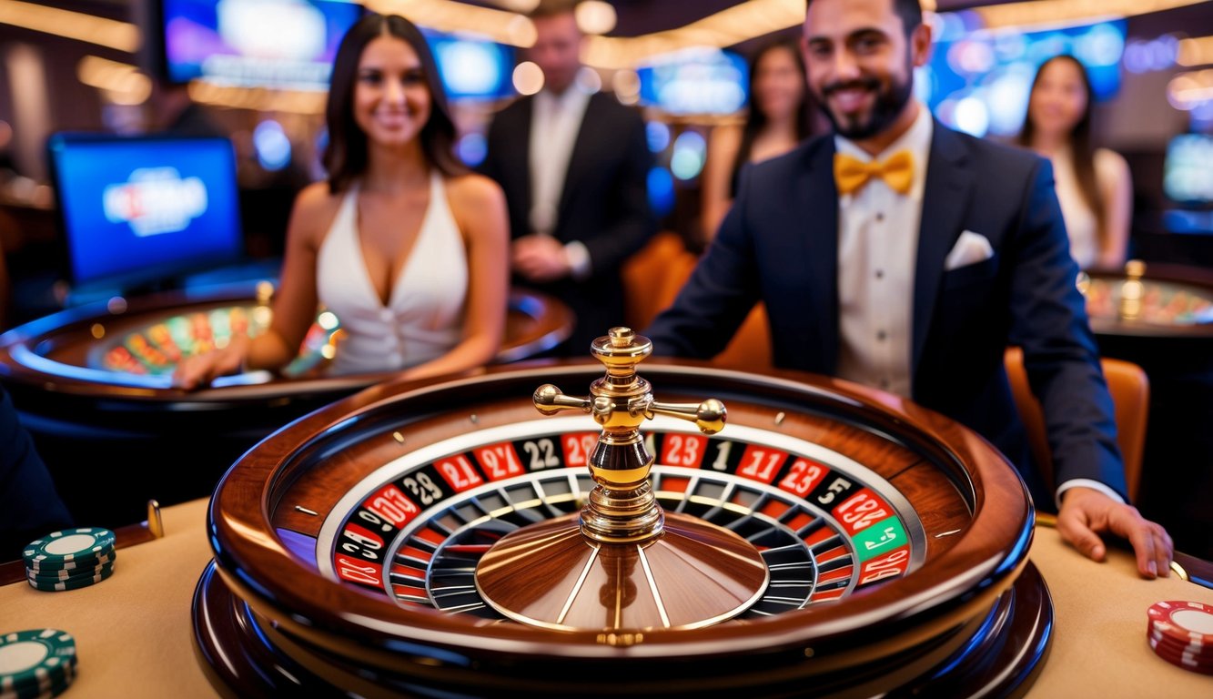 Roda roulette yang berputar dikelilingi oleh pemain virtual dan dealer langsung dalam suasana kasino online