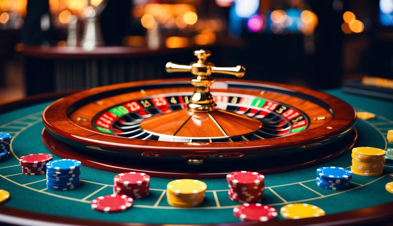 Roda roulette berputar dengan chip berwarna-warni tersebar di atas meja