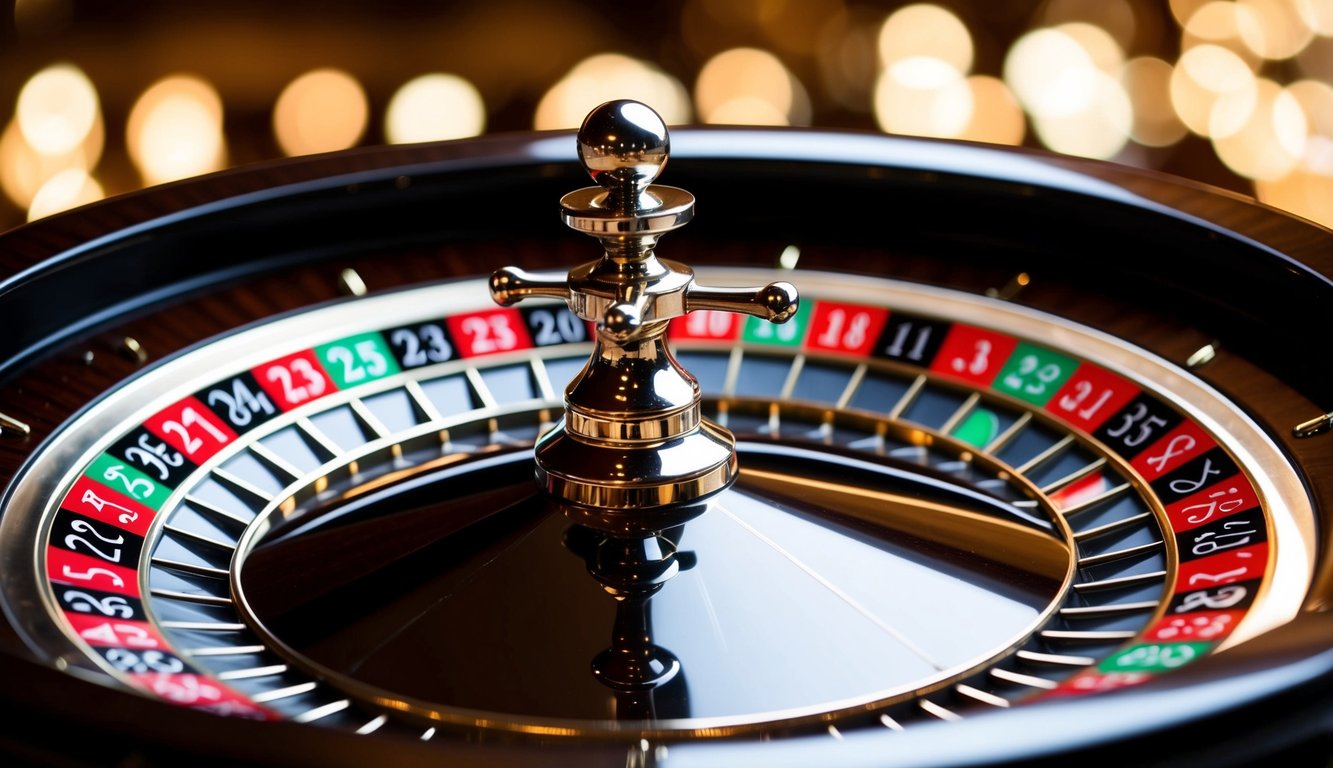 Roda roulette yang berputar dengan slot bernomor dan sebuah bola kecil yang mendarat di nomor yang menang