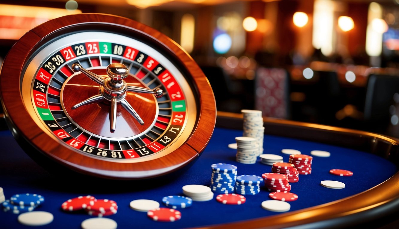 Roda roulette berputar dengan chip yang tersebar di meja