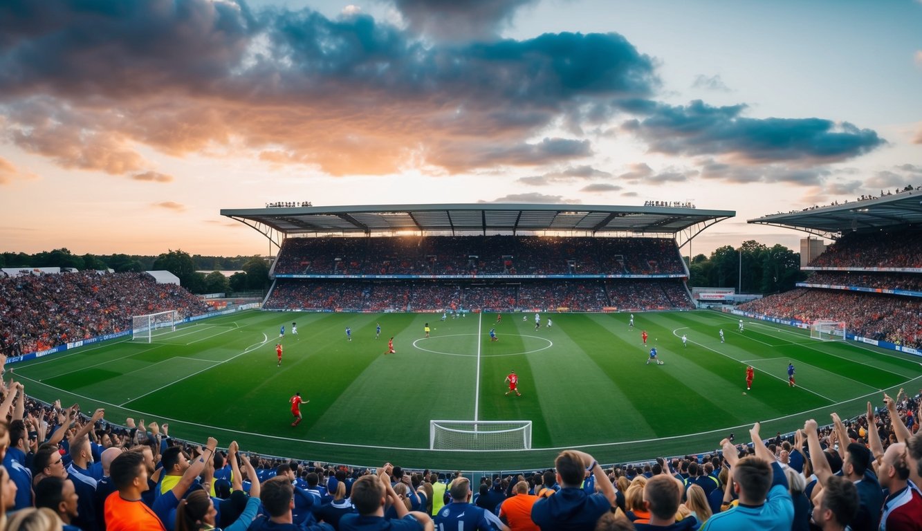 Sebuah stadion sepak bola yang dipenuhi penggemar yang bersorak dan pemain yang beraksi di lapangan