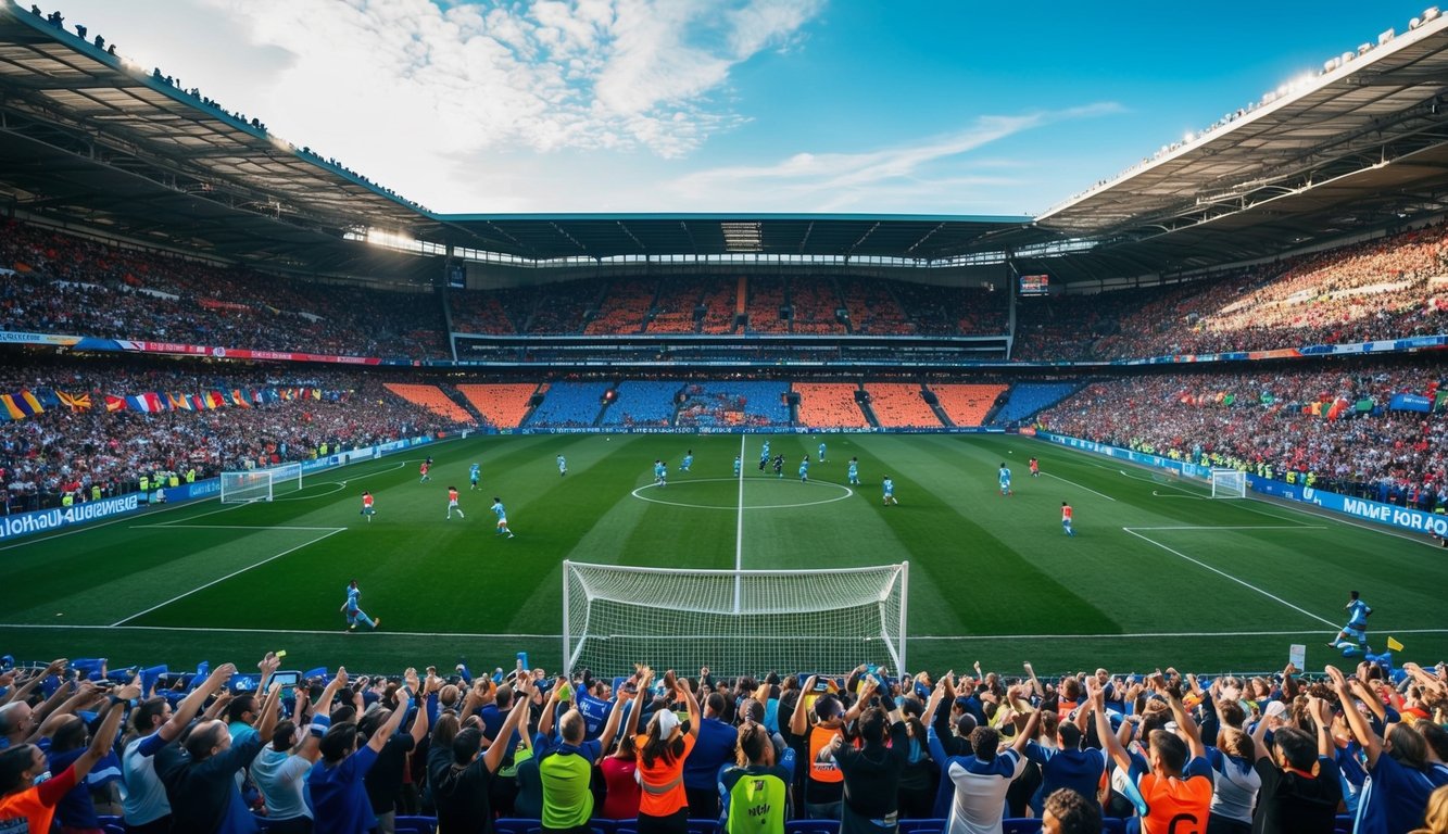 Sebuah stadion yang ramai dipenuhi dengan penggemar yang bersorak, spanduk berwarna-warni, dan lapangan sepak bola besar dengan pemain yang sedang beraksi