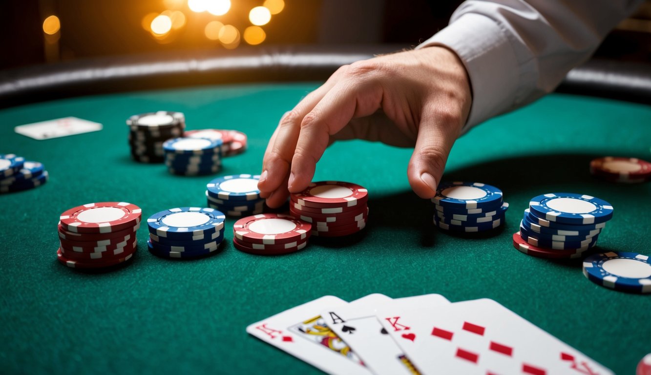 Sekelompok chip poker dan kartu berserakan di atas meja felt hijau. Tangan seorang pemain menjulur untuk membuat taruhan.