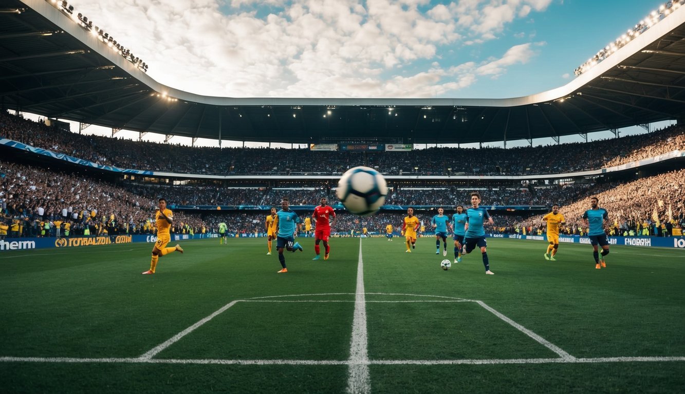 Sebuah stadion yang ramai dengan penggemar yang bersorak, pemain di lapangan, dan bola sepak yang bergerak