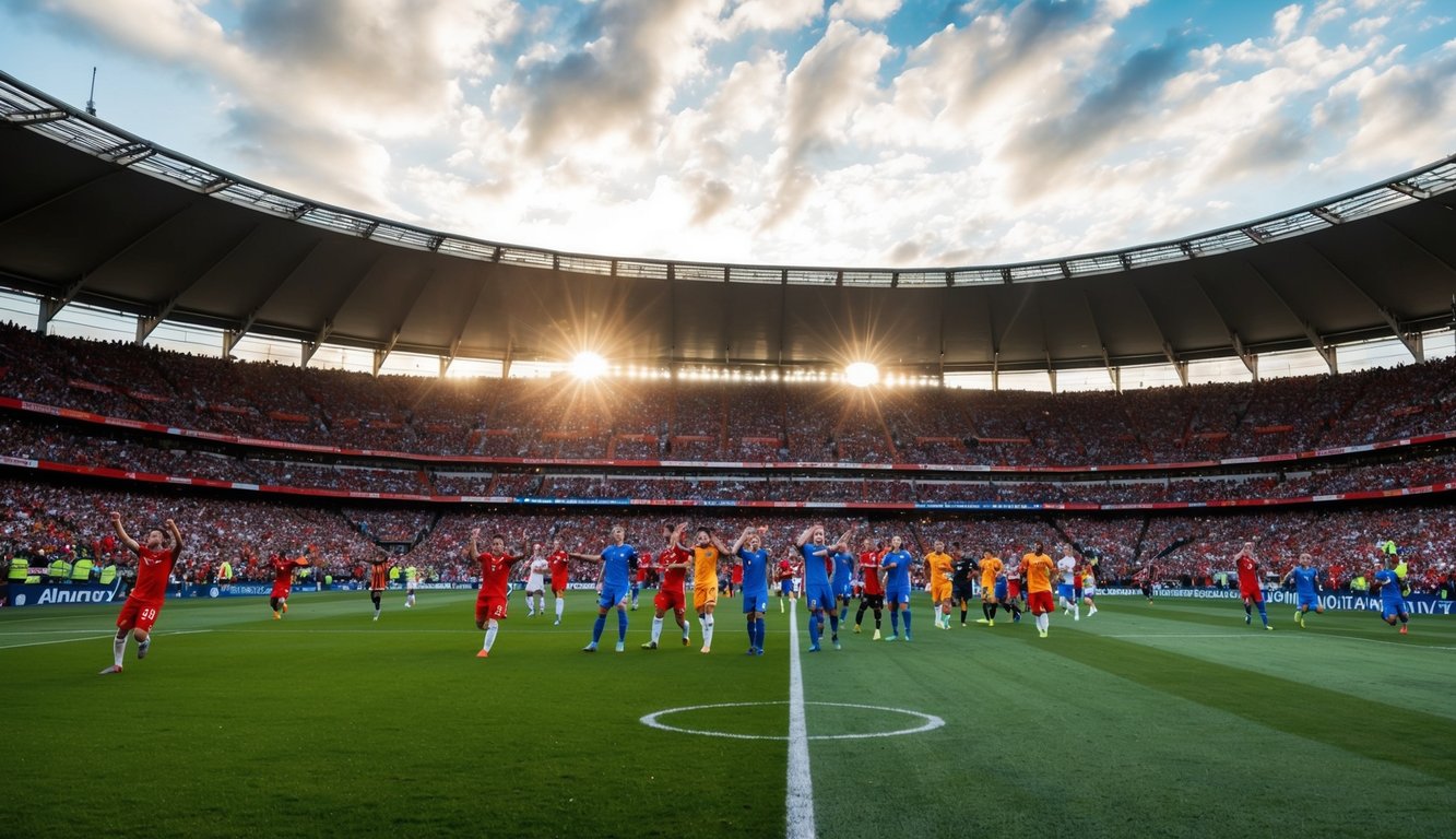 Sebuah stadion sepak bola yang ramai dengan penggemar yang bersorak dan pemain di lapangan