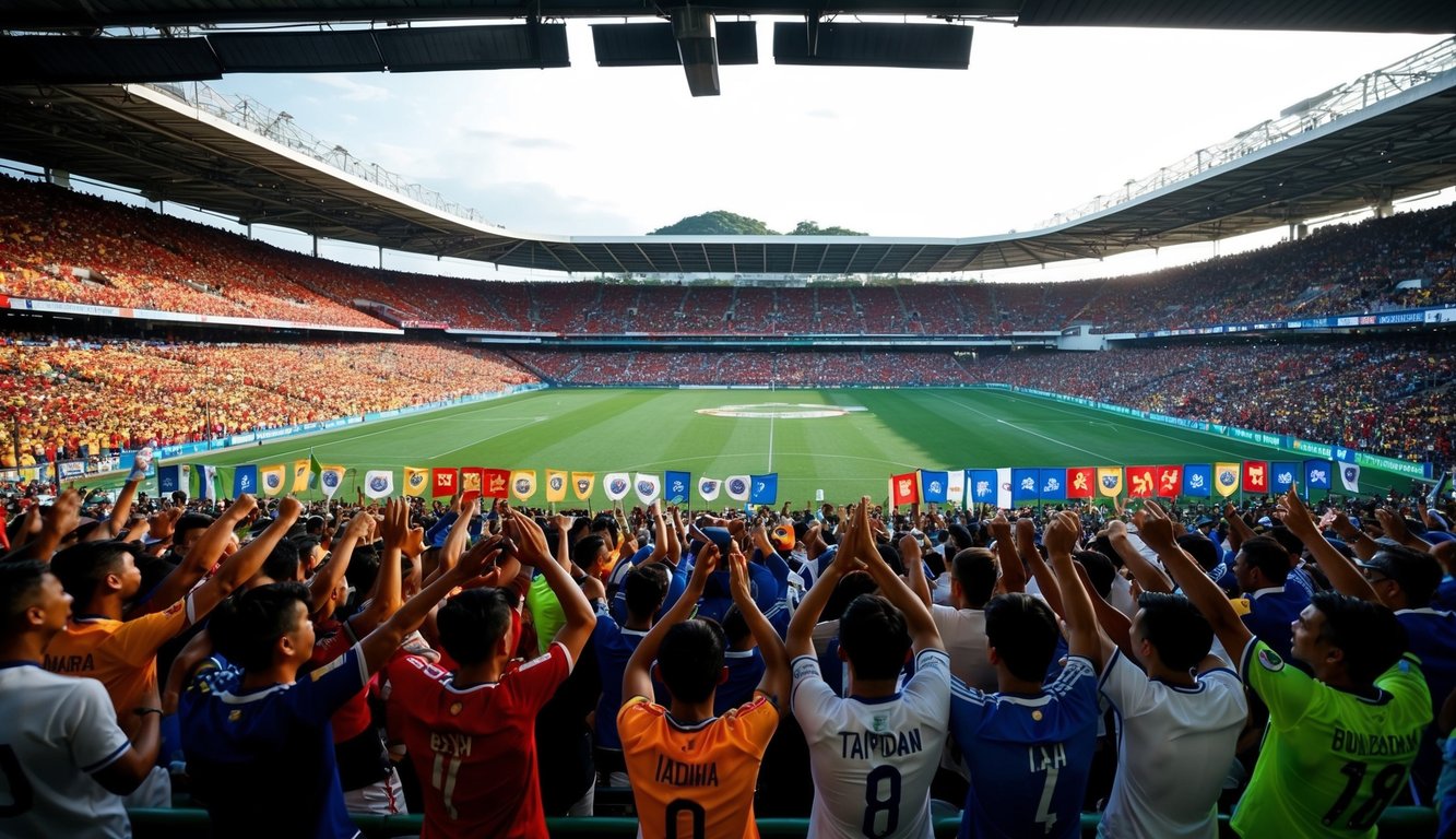 Sebuah stadion sepak bola Indonesia yang ramai dengan penggemar yang bersorak dan spanduk tim yang berwarna-warni