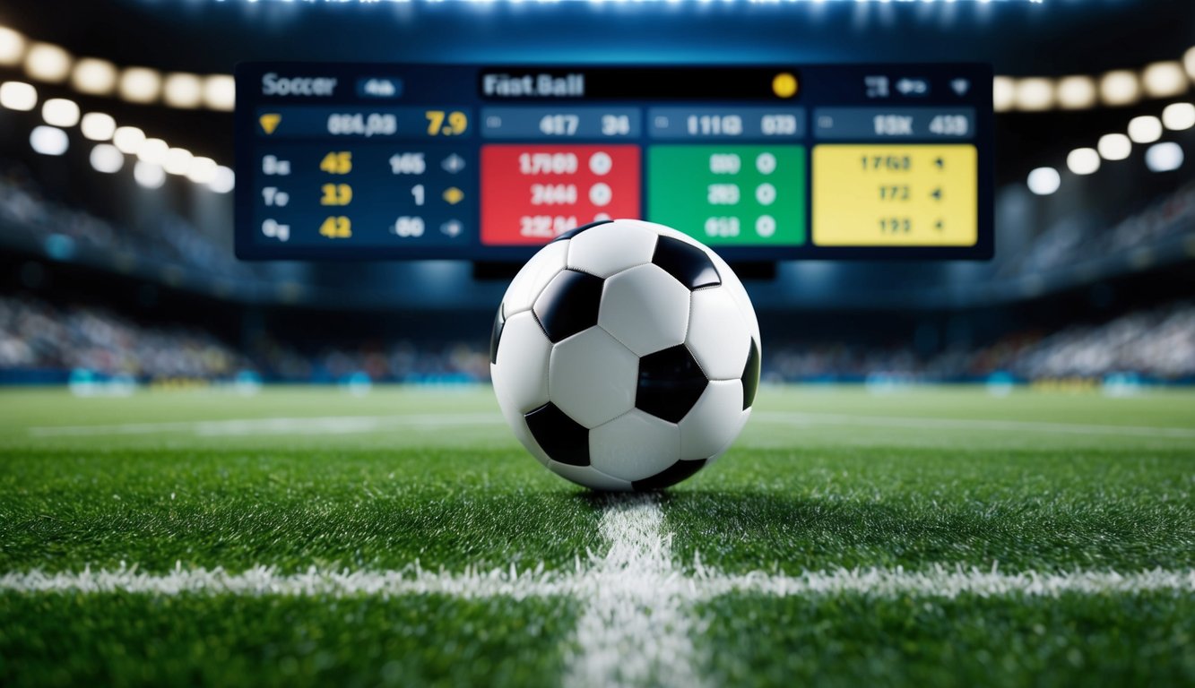 Sebuah bola sepak yang menggulung di atas antarmuka digital, dengan odds taruhan dan statistik yang ditampilkan di layar