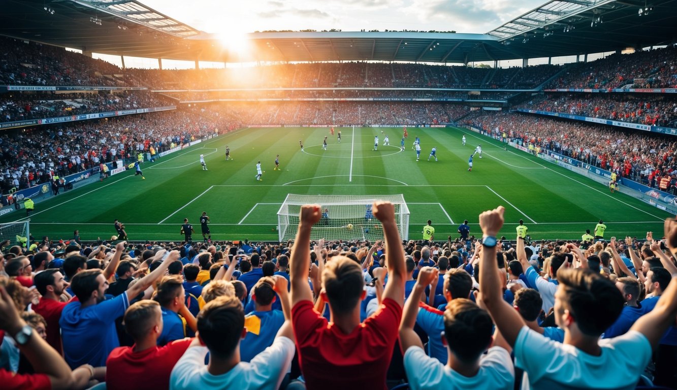 Sebuah stadion sepak bola yang penuh sesak dengan penggemar yang bersorak dan pemain di lapangan