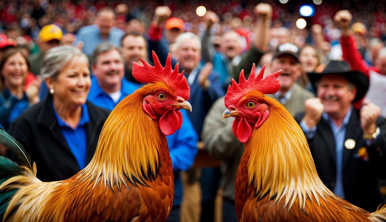 Dua ayam jantan berhadapan di arena yang ramai, dikelilingi oleh penonton yang bersorak dan suasana yang hidup