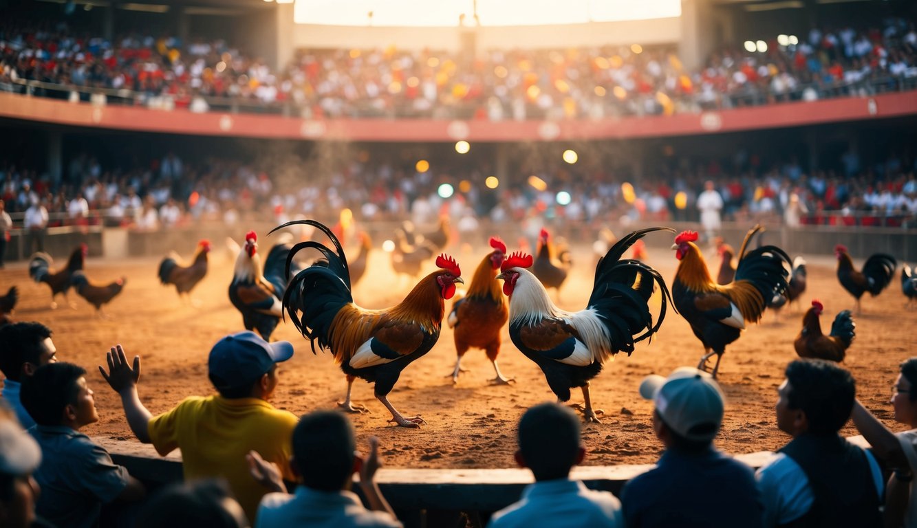 Sebuah arena sabung ayam yang ramai dengan penonton yang bersorak dan ayam jantan berwarna-warni di tengah pertarungan sengit