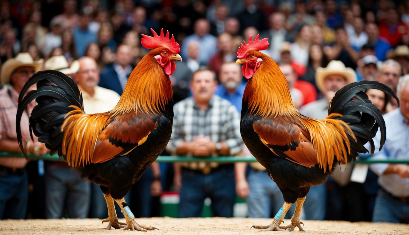 Dua ayam jantan berhadapan di arena yang ramai, dikelilingi oleh penonton yang antusias