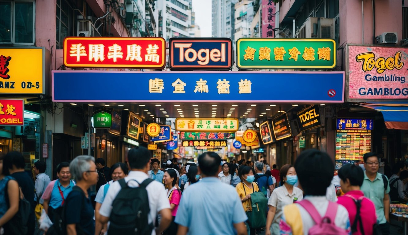 Sebuah jalan yang ramai di Hong Kong dengan tanda dan simbol berwarna-warni untuk sebuah tempat perjudian Togel