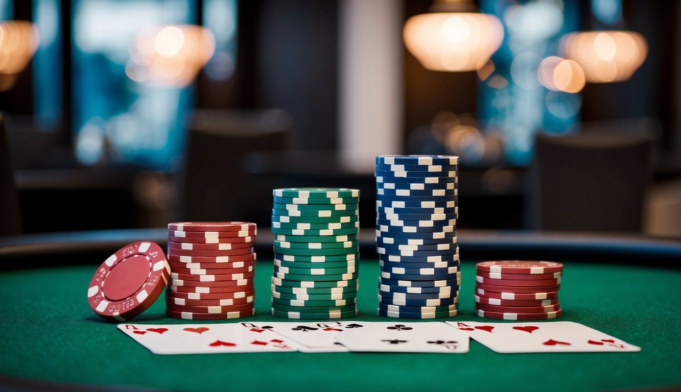 Sekelompok chip poker dan kartu remi yang disusun di atas meja felt hijau