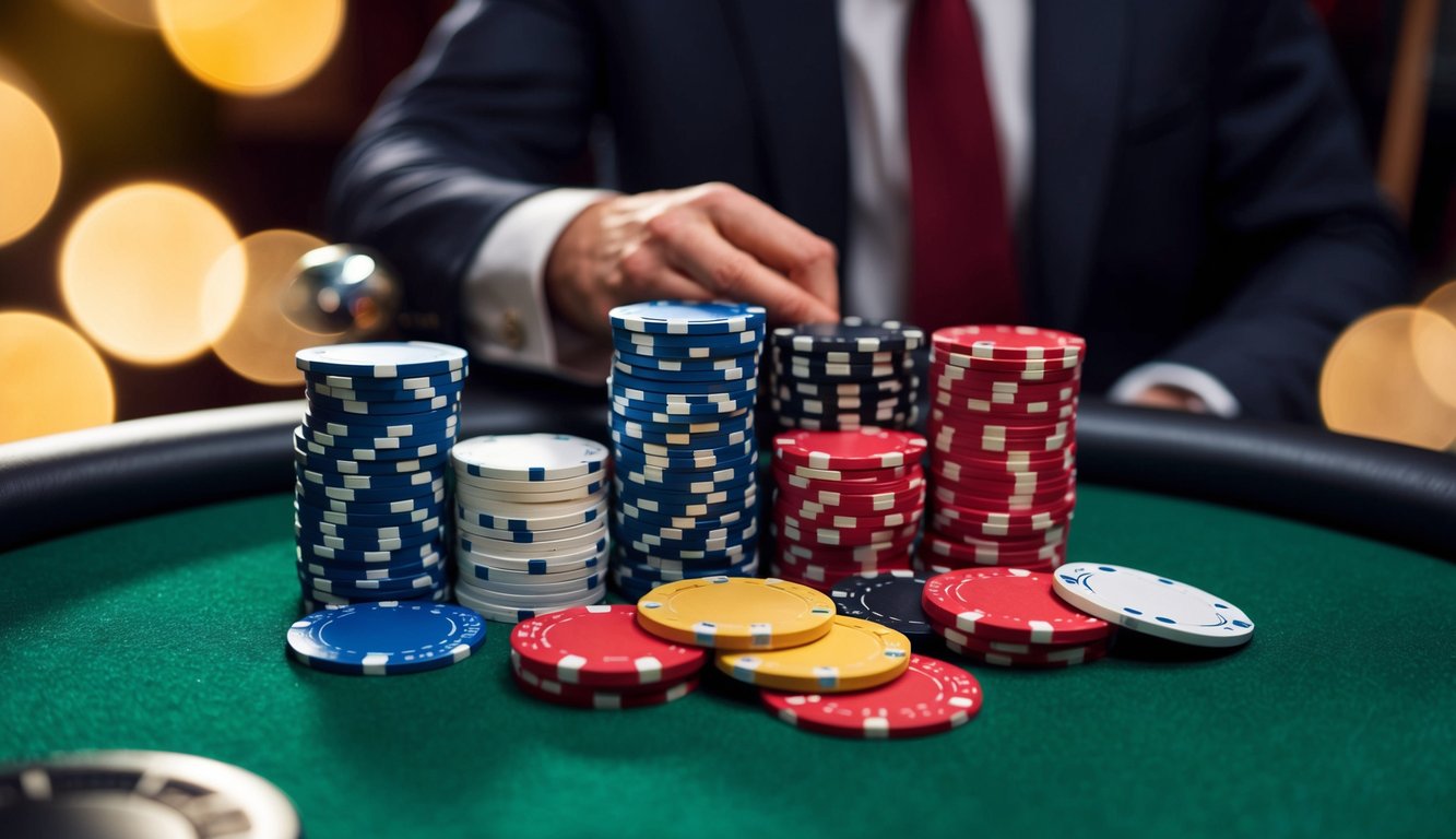 Sekelompok chip poker dan kartu yang disusun di atas meja felt hijau, dengan kursi pemain dan tombol dealer