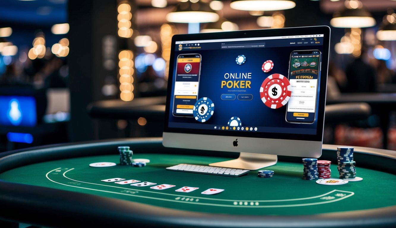 Meja poker dengan kartu, chip, dan layar komputer yang menampilkan situs web poker online