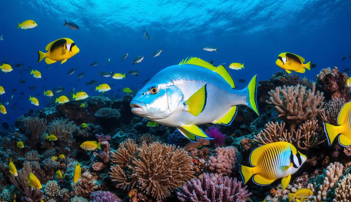 Terumbu karang bawah laut yang berwarna-warni dengan ikan eksotis yang berenang di sekitarnya, dan ikan jackpot besar yang berkilau di tengah.