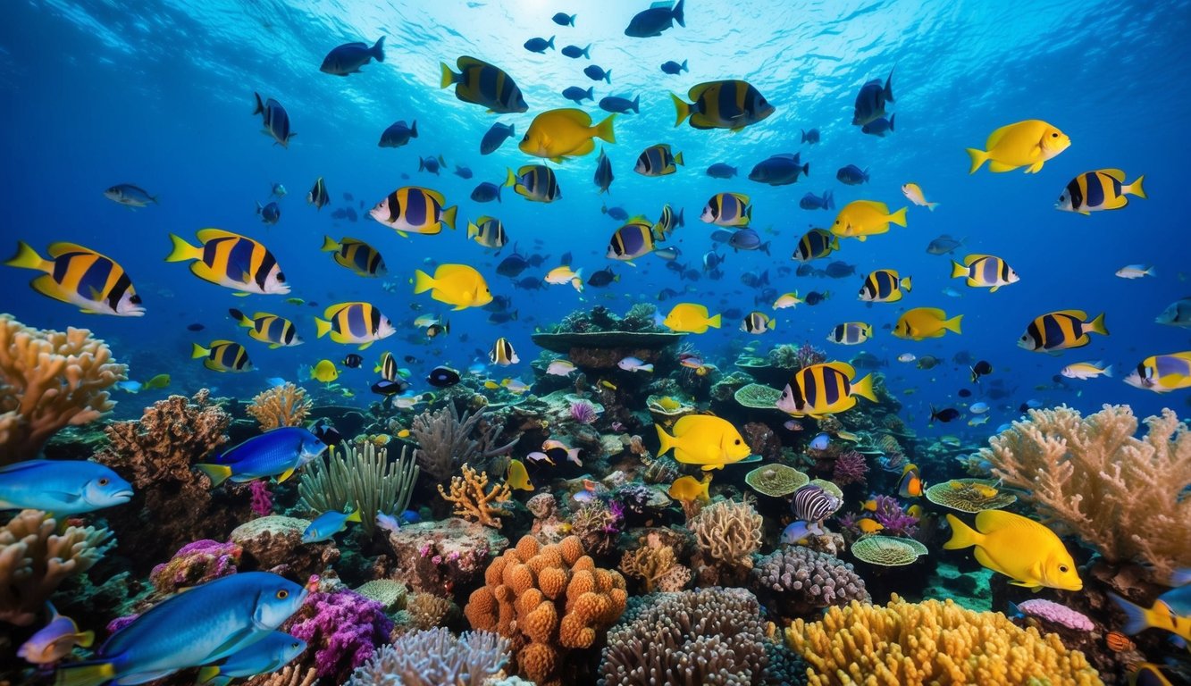 Sebuah dunia bawah laut yang ramai dengan ikan berwarna-warni dan makhluk akuatik, dikelilingi oleh suasana yang hidup dan ceria