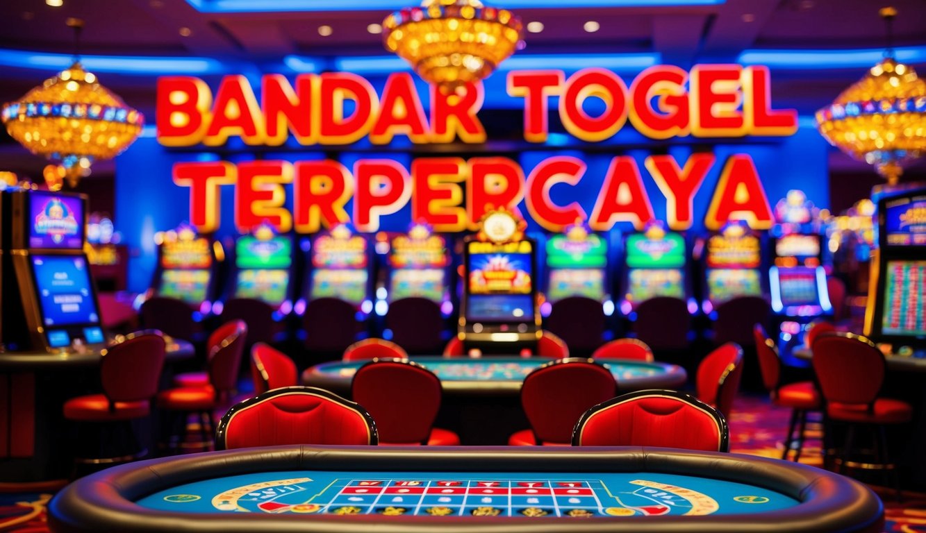 Suasana kasino yang berwarna-warni dan hidup dengan berbagai permainan judi dan tanda mencolok yang bertuliskan "Bandar Togel Terpercaya" di latar belakang