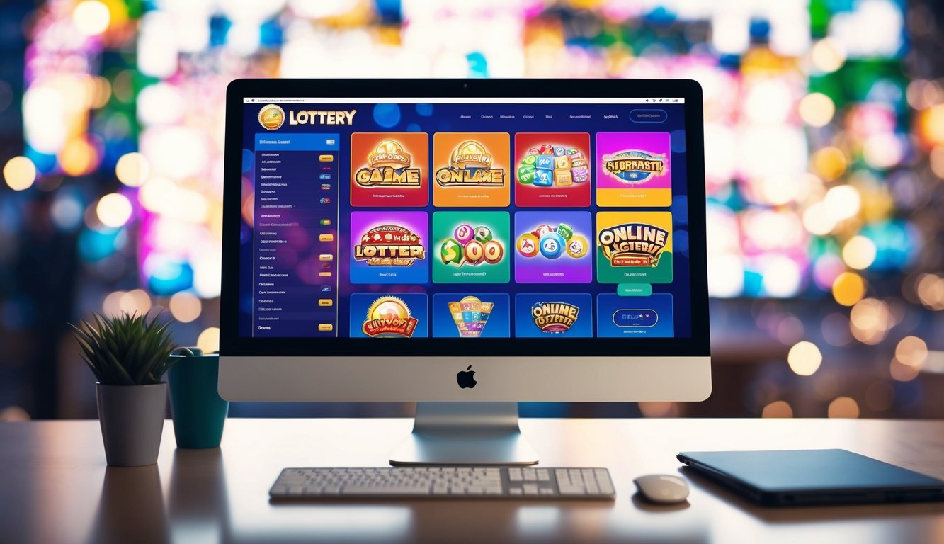 Sebuah layar komputer yang menampilkan situs web lotere online yang berwarna-warni dan cerah dengan berbagai pilihan permainan dan hadiah jackpot