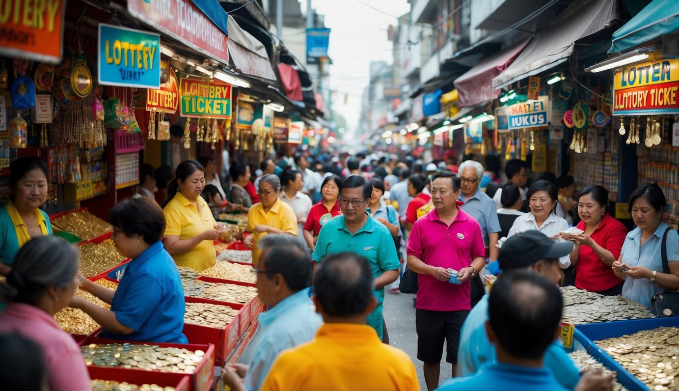 Sebuah jalan yang ramai dipenuhi dengan penjual tiket lotere berwarna-warni dan pelanggan yang antusias. Udara dipenuhi dengan suara percakapan dan bunyi koin yang bergetar.