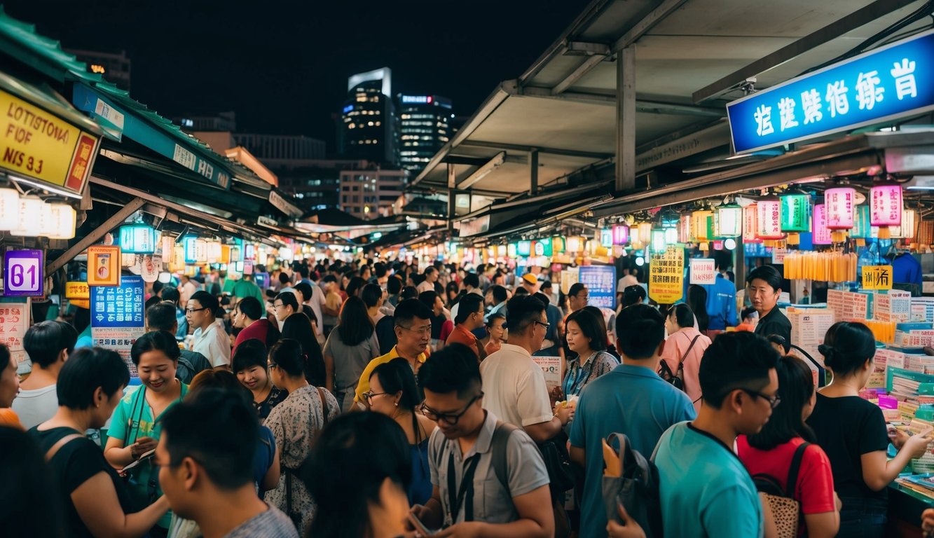 Pasar malam yang ramai di Singapura dengan lampu warna-warni, kios yang padat, dan orang-orang yang dengan antusias membeli tiket lotere