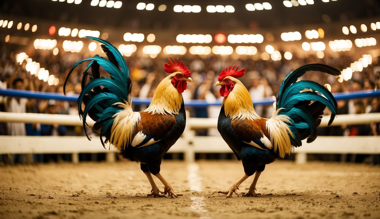 Sebuah arena sabung ayam yang ramai dengan penonton yang bersorak dan dua ayam jantan yang garang berhadapan di tengah ring