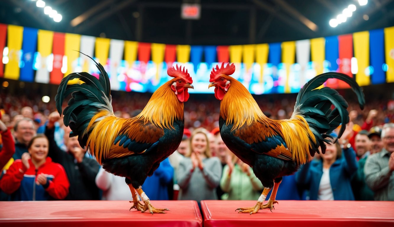 Dua ayam jantan berhadapan di arena yang ramai, dikelilingi oleh penonton yang bersorak dan spanduk berwarna-warni