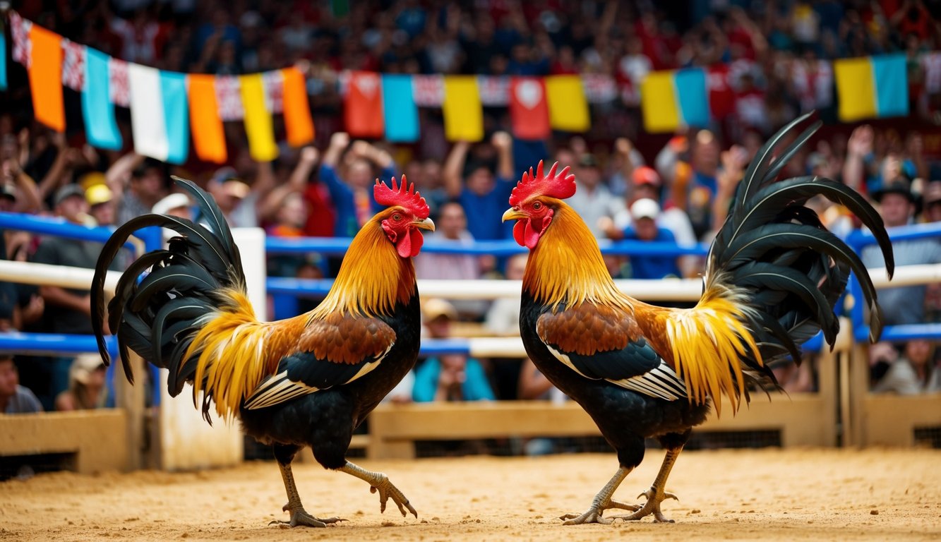 Dua ayam jantan bertarung di arena yang ramai, dikelilingi oleh penonton yang bersorak dan spanduk berwarna-warni