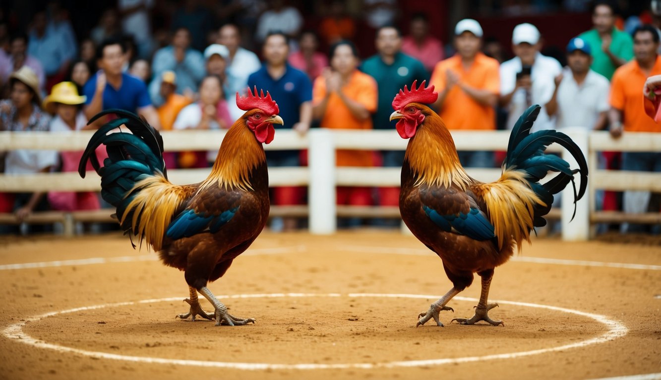 Sebuah arena yang ramai dengan dua ayam jantan yang saling berhadapan di ring sabung ayam tradisional. Penonton bersorak dan memasang taruhan pada hasilnya.