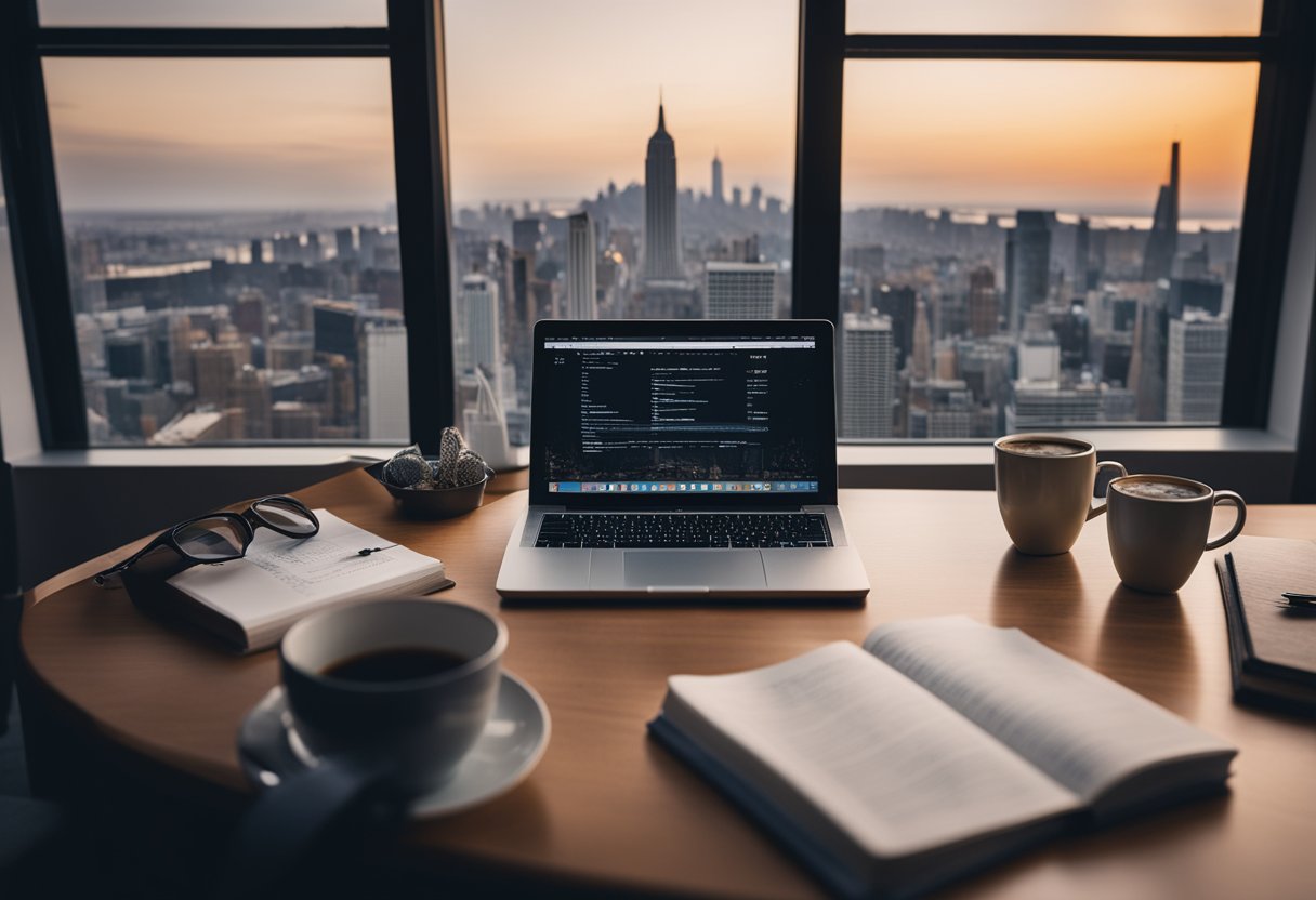 A person typing on a laptop at a cozy desk with a cup of coffee, surrounded by books and notes, with a view of a city skyline through the window