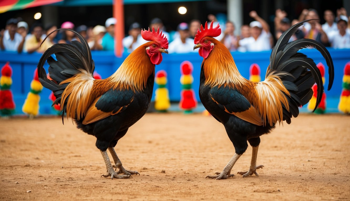 Dua ayam jantan berhadapan di arena sabung ayam tradisional Indonesia, dikelilingi oleh penonton yang bersorak dan dekorasi berwarna-warni