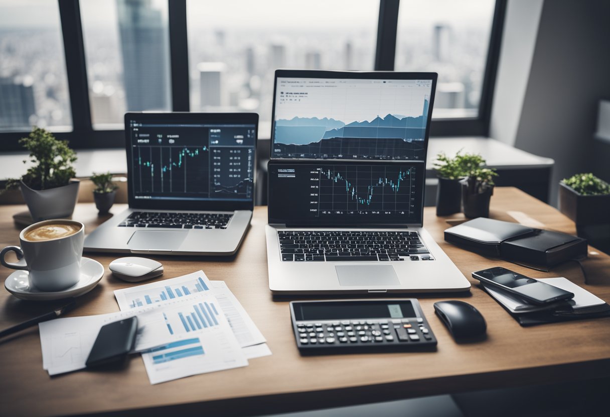 A desk with a laptop, calculator, and real estate market data charts