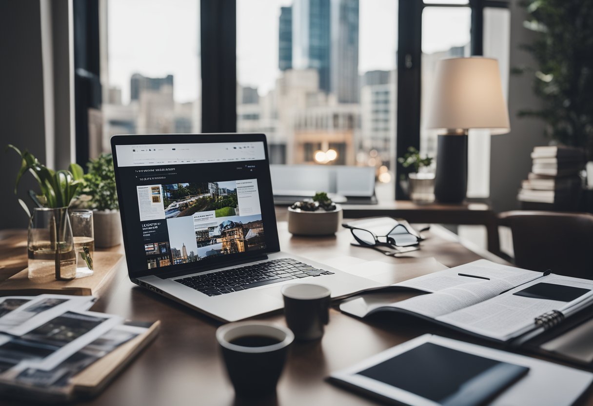 A person sitting at a desk surrounded by real estate magazines, a laptop, and a notebook, contemplating key considerations for a blog post