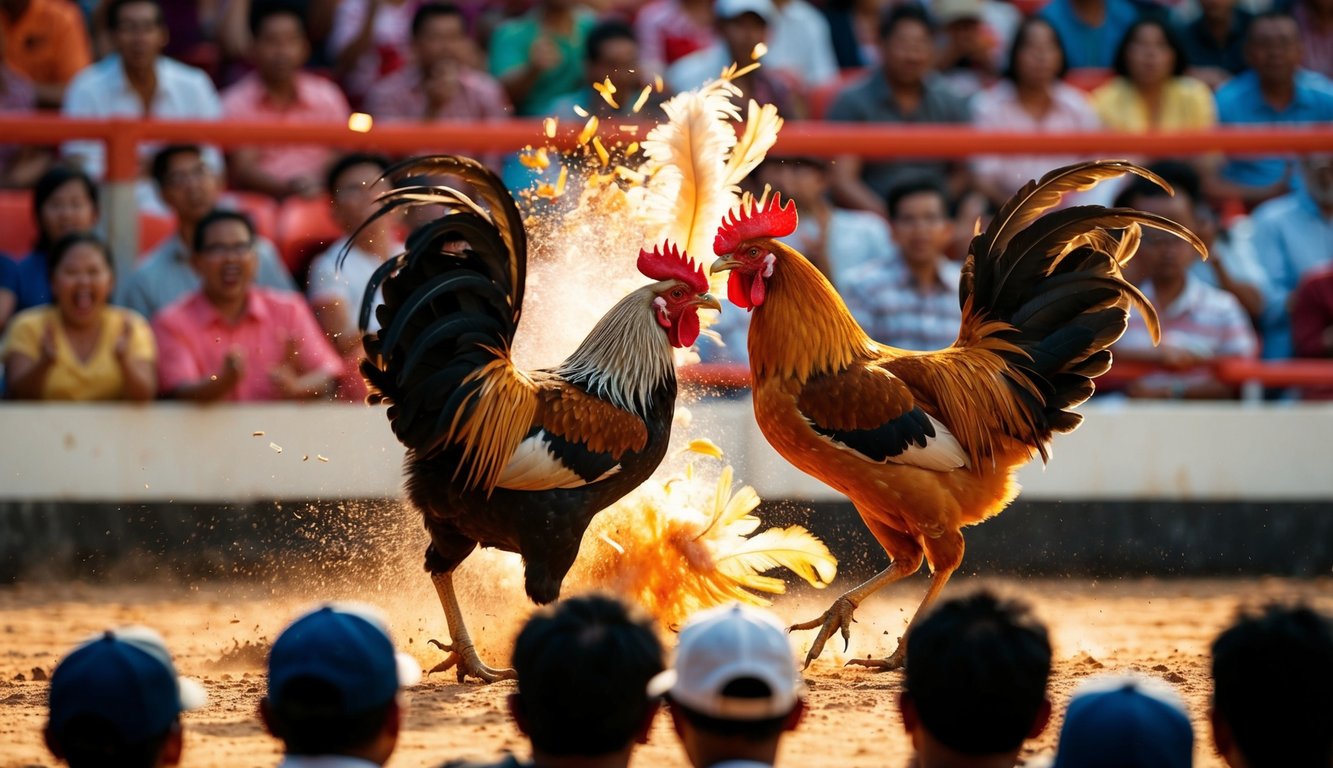 Sebuah arena yang ramai dengan penonton yang bersorak, dua ayam jantan berhadapan dalam pertarungan yang sengit, bulu-bulu beterbangan saat mereka bertarung dalam pertandingan sabung ayam tradisional.