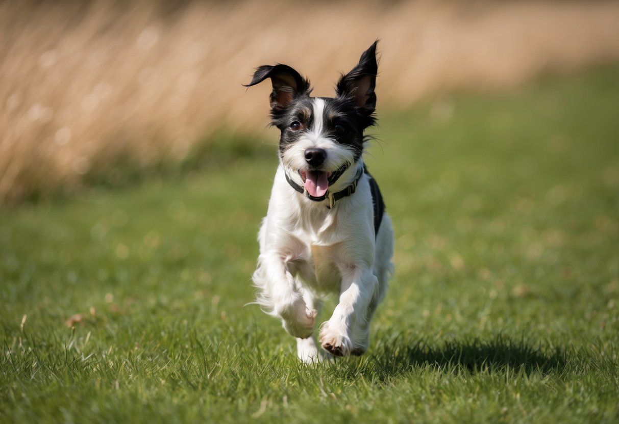A border terrier runs freely through a grassy field, ears flapping in the wind, with a look of pure joy on its face