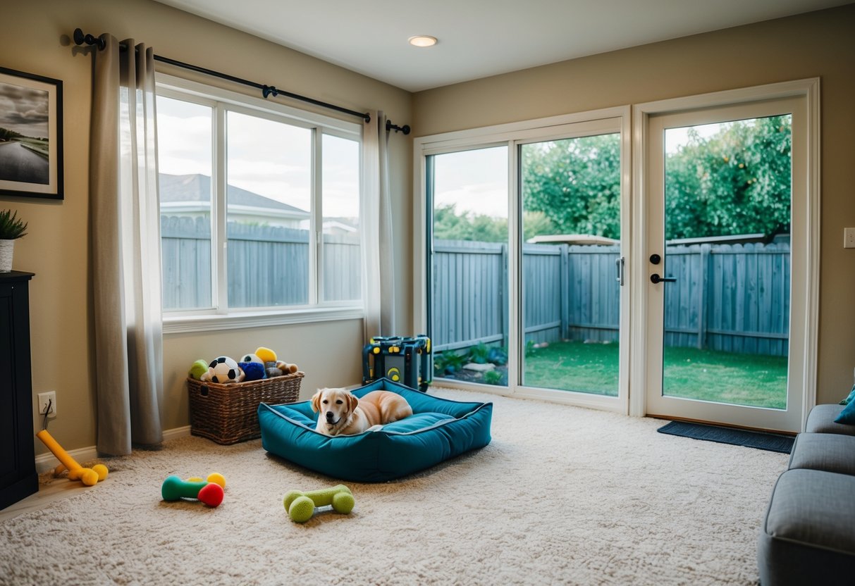 A cozy living room with a comfortable dog bed and toys scattered around. A window lets in natural light, and a door leads to a fenced backyard