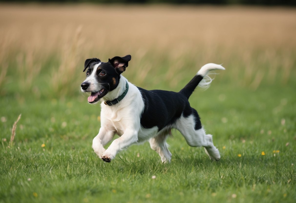 A Border Terrier runs freely in a grassy field, ears perked and tail wagging