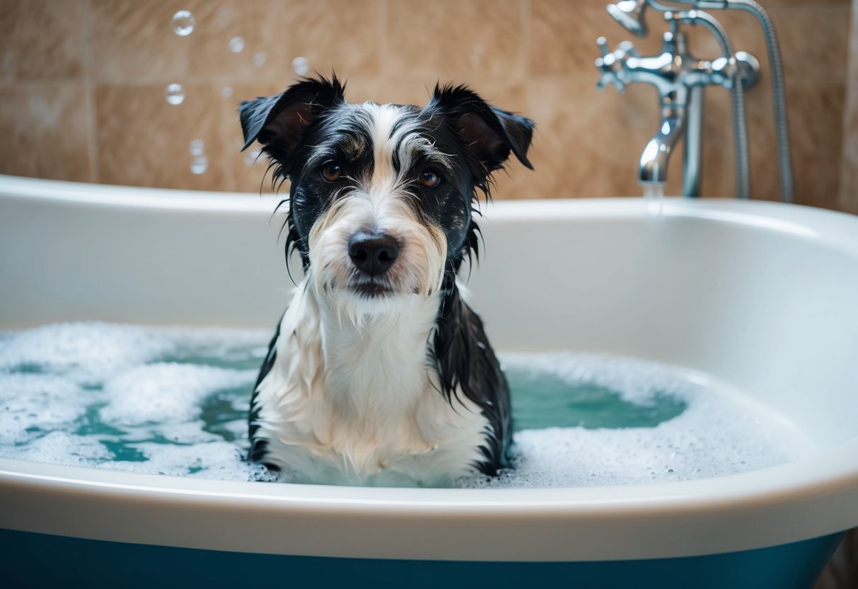 A border terrier stands in a bathtub, surrounded by bubbles and water. Its fur is wet and it looks content as it receives a bath