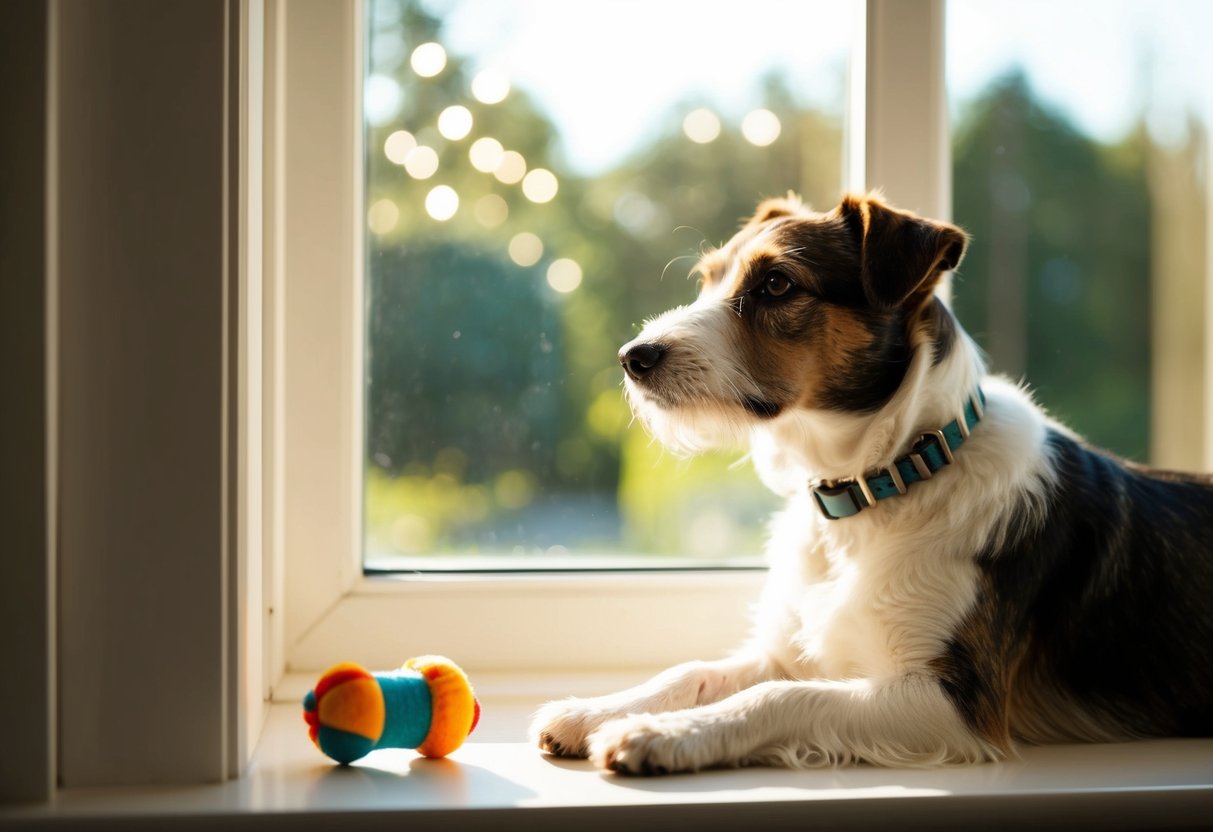 A Border Terrier sits calmly by the window, gazing outside as sunlight streams in, casting a warm glow on the room. A toy lies nearby, untouched