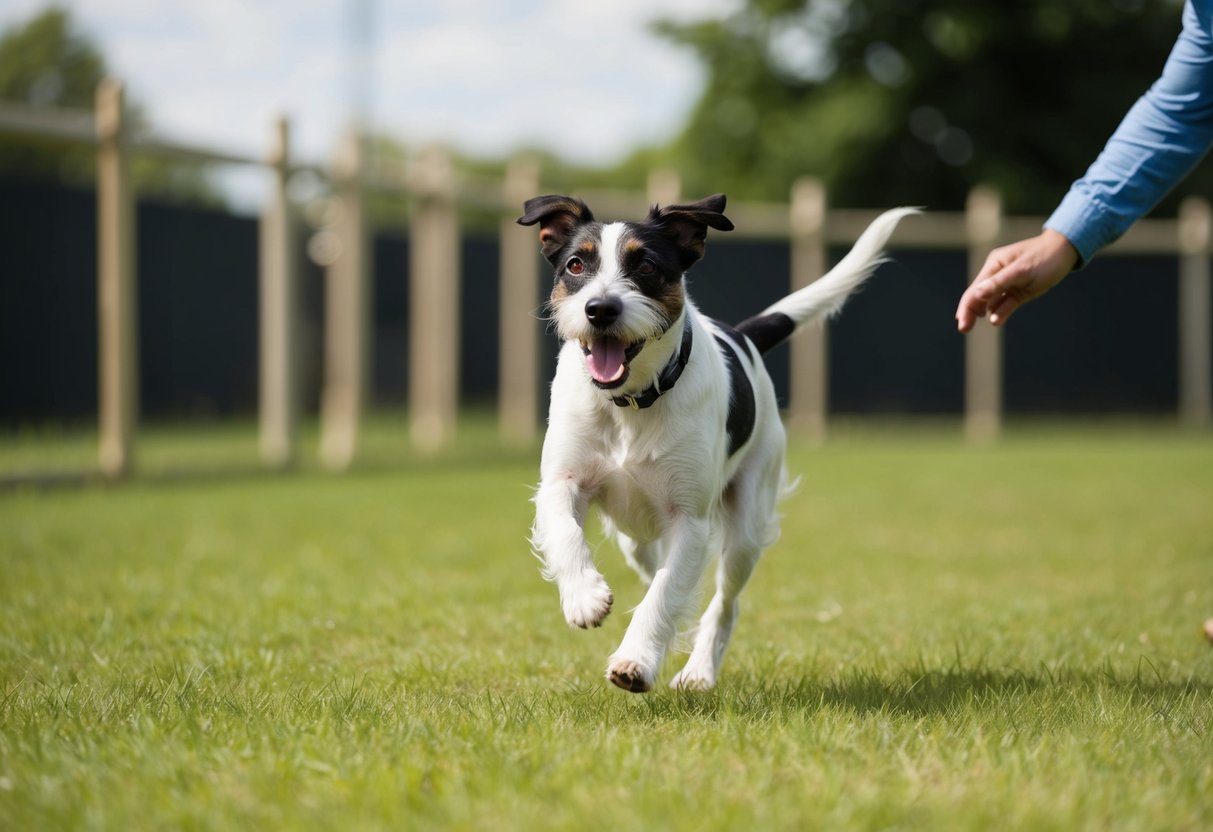 A Border Terrier runs freely in a grassy, fenced area, eagerly responding to commands from its owner