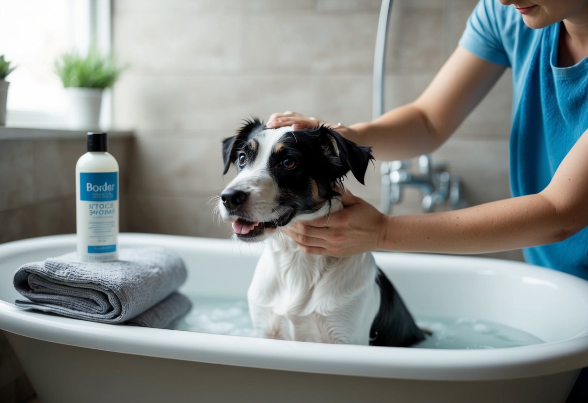 A Border Terrier being gently bathed in a bathtub by a person, with a bottle of dog shampoo and a towel nearby