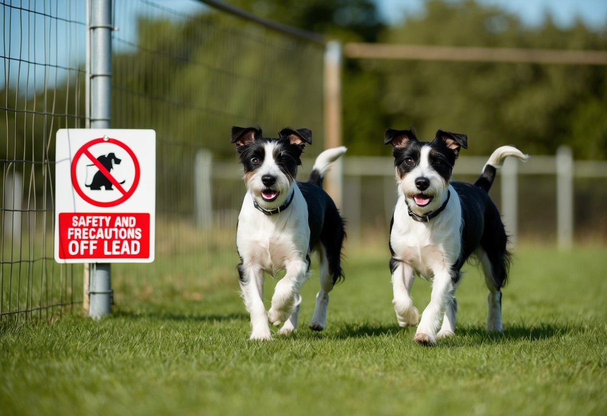 Two Border Terriers roam freely in a fenced-in area with a "Safety and Precautions Off Lead" sign posted