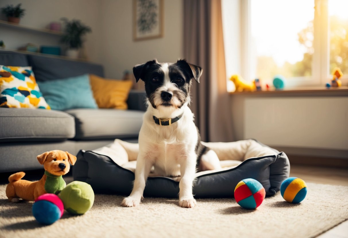 A border terrier sits contentedly in a cozy living room, surrounded by toys and a comfortable bed. The sunlight streams in through the window, casting a warm glow over the room