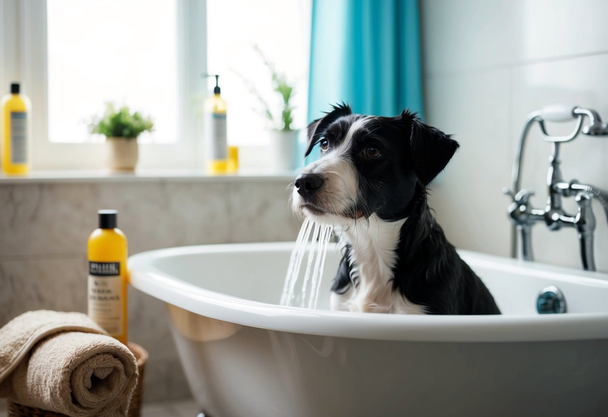 A Border Terrier being gently bathed in a bathtub with a gentle stream of water, surrounded by bottles of dog shampoo and a fluffy towel nearby