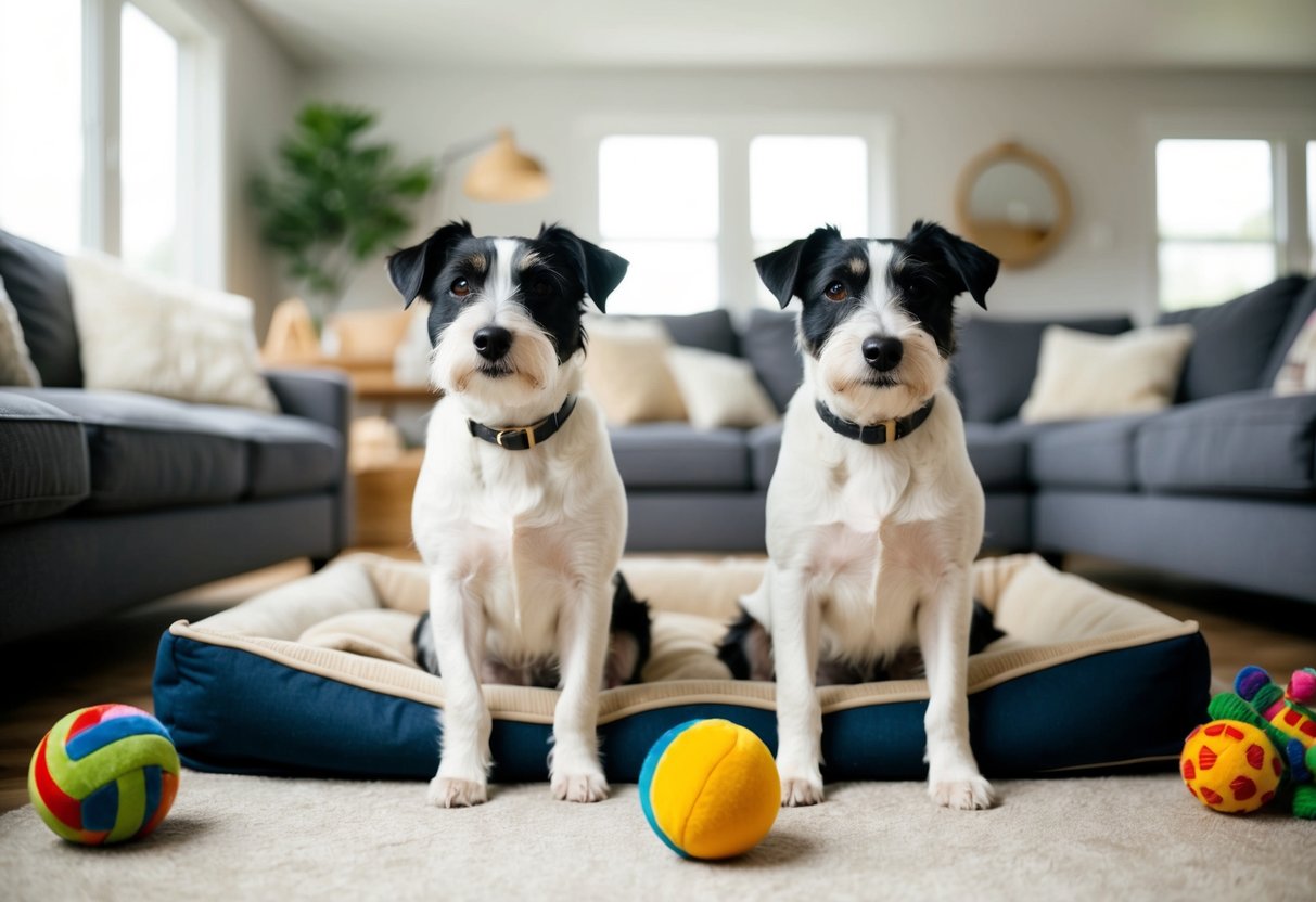 Two border terriers sit calmly in a cozy living room, surrounded by toys and a comfortable bed. The room is filled with natural light, and the dogs appear content and relaxed